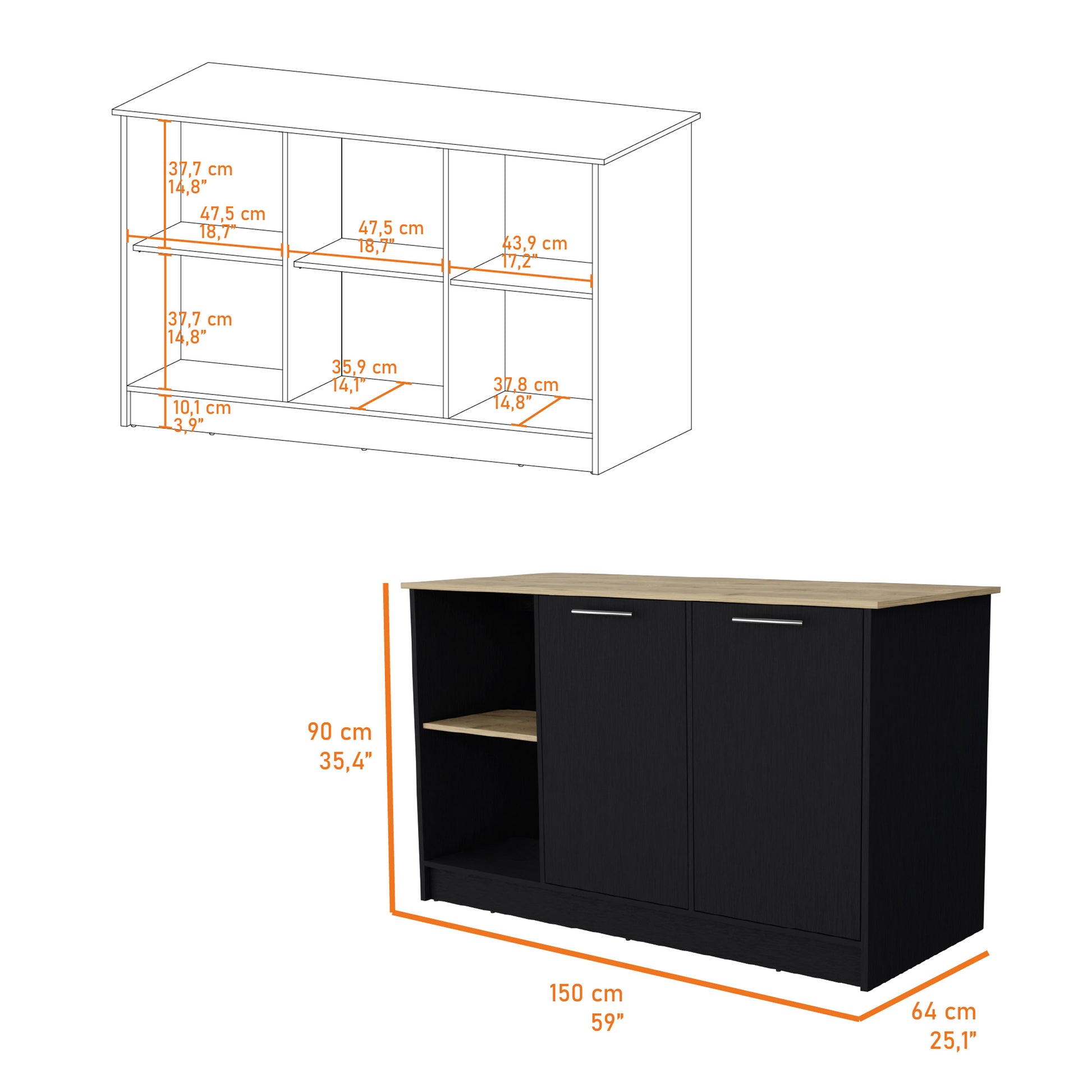 Mercury Kitchen Island With Spacious Countertop, Double Door Cabinets, And 2 Open Storage Shelves Multi Kitchen Modern Rectangular Stationary Kitchen Islands Melamine Particle Board Large 56 In