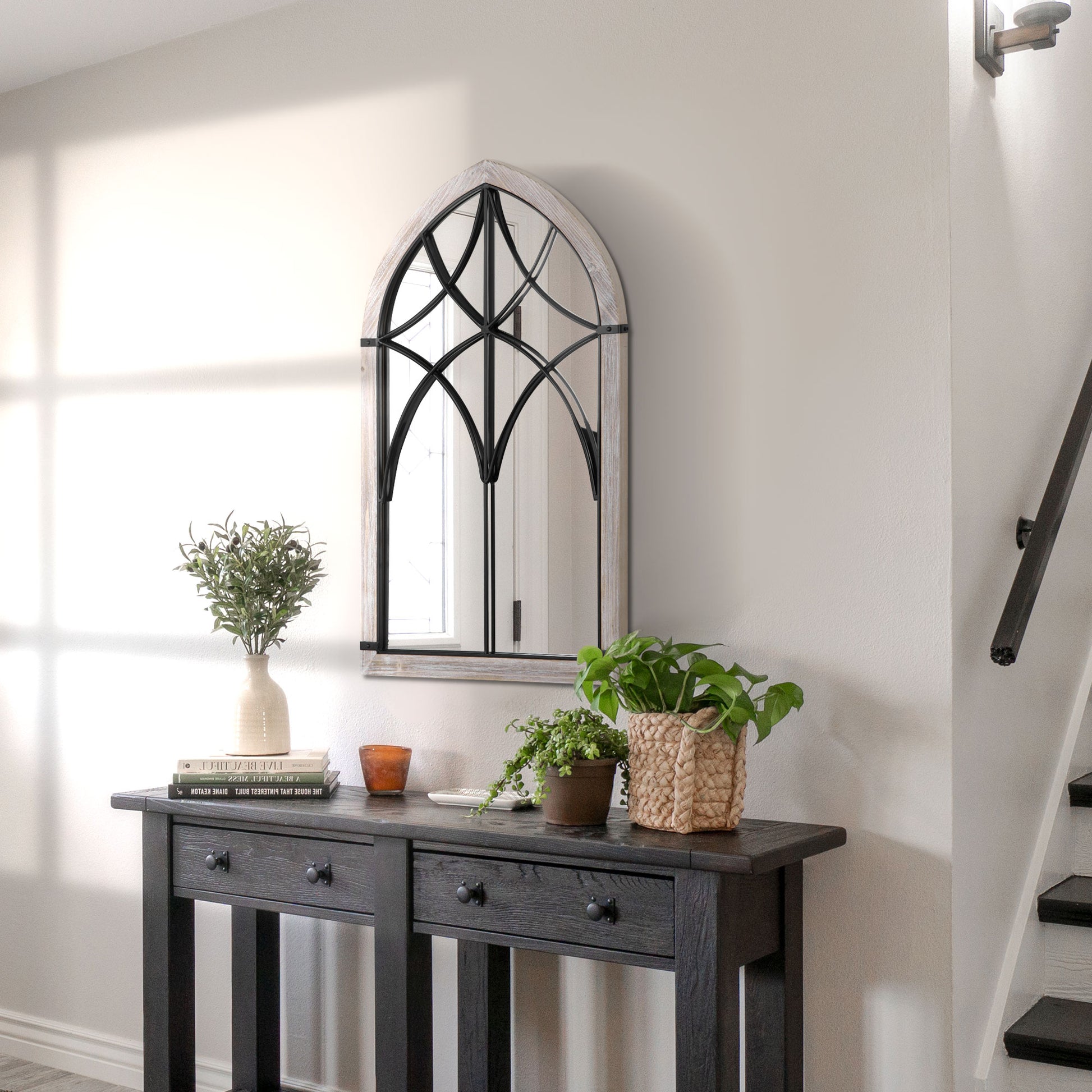 Homcom 36.5" X 23.5" Large Farmhouse Wall Mirror, Arch Window Mirror For Wall Decor In Living Room, Bedroom, Entryway, Rustic Wood Grain Multicolor Mdf