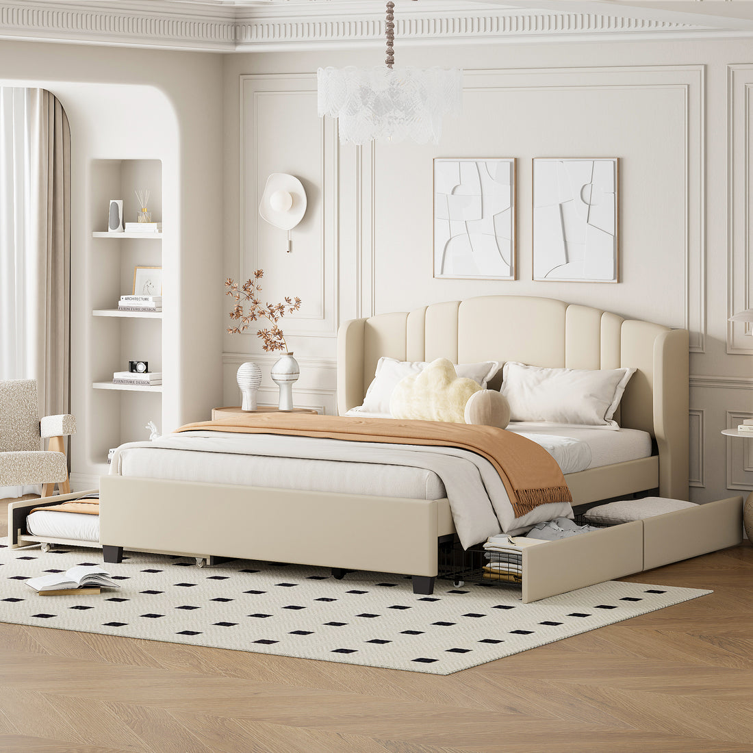 Upholstered Platform Bed With Wingback Headboard, One Twin Trundle And 2 Drawers, No Box Spring Needed, Linen Fabric, Queen Size, Beige Beige Linen