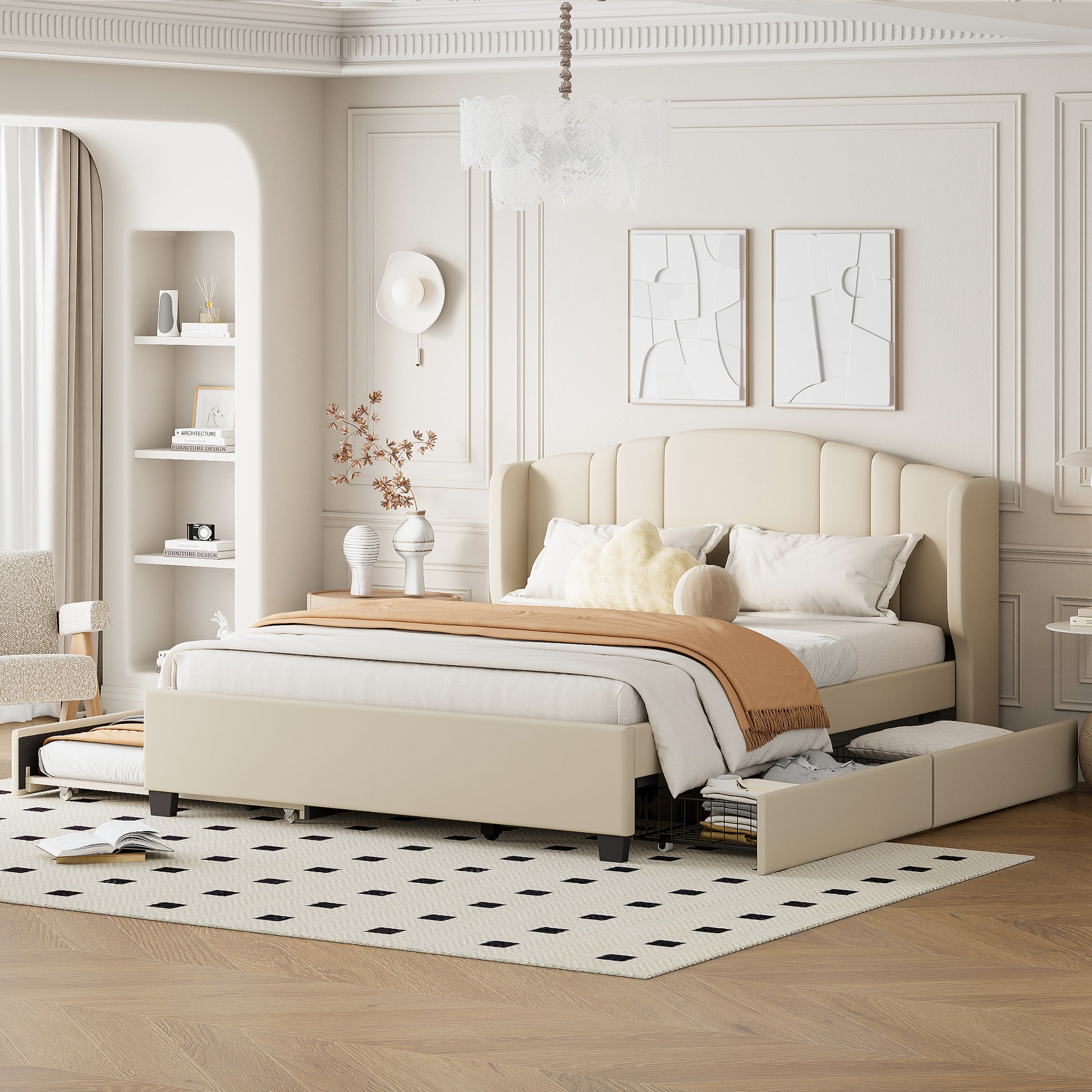 Upholstered Platform Bed With Wingback Headboard, One Twin Trundle And 2 Drawers, No Box Spring Needed, Linen Fabric, Queen Size, Beige Beige Linen
