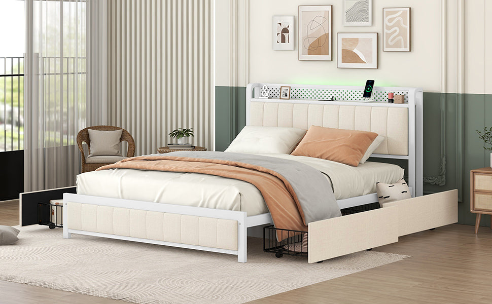 Queen Bed Frame With Led Headboard, Upholstered Bed With 4 Storage Drawers And Usb Ports, Beige Queen Beige Linen