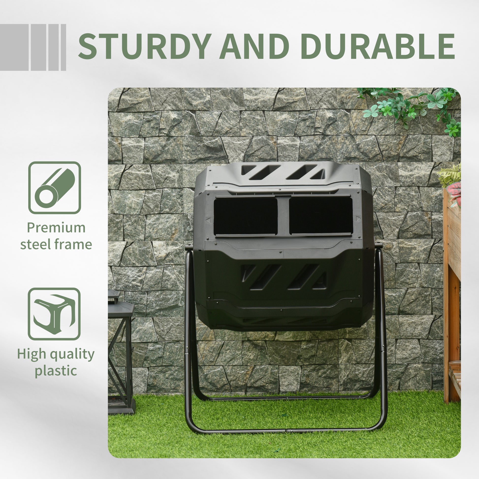 Outsunny Tumbling Compost Bin Outdoor 360 Dual Rotating Composter 43 Gallon, Black Black Plastic
