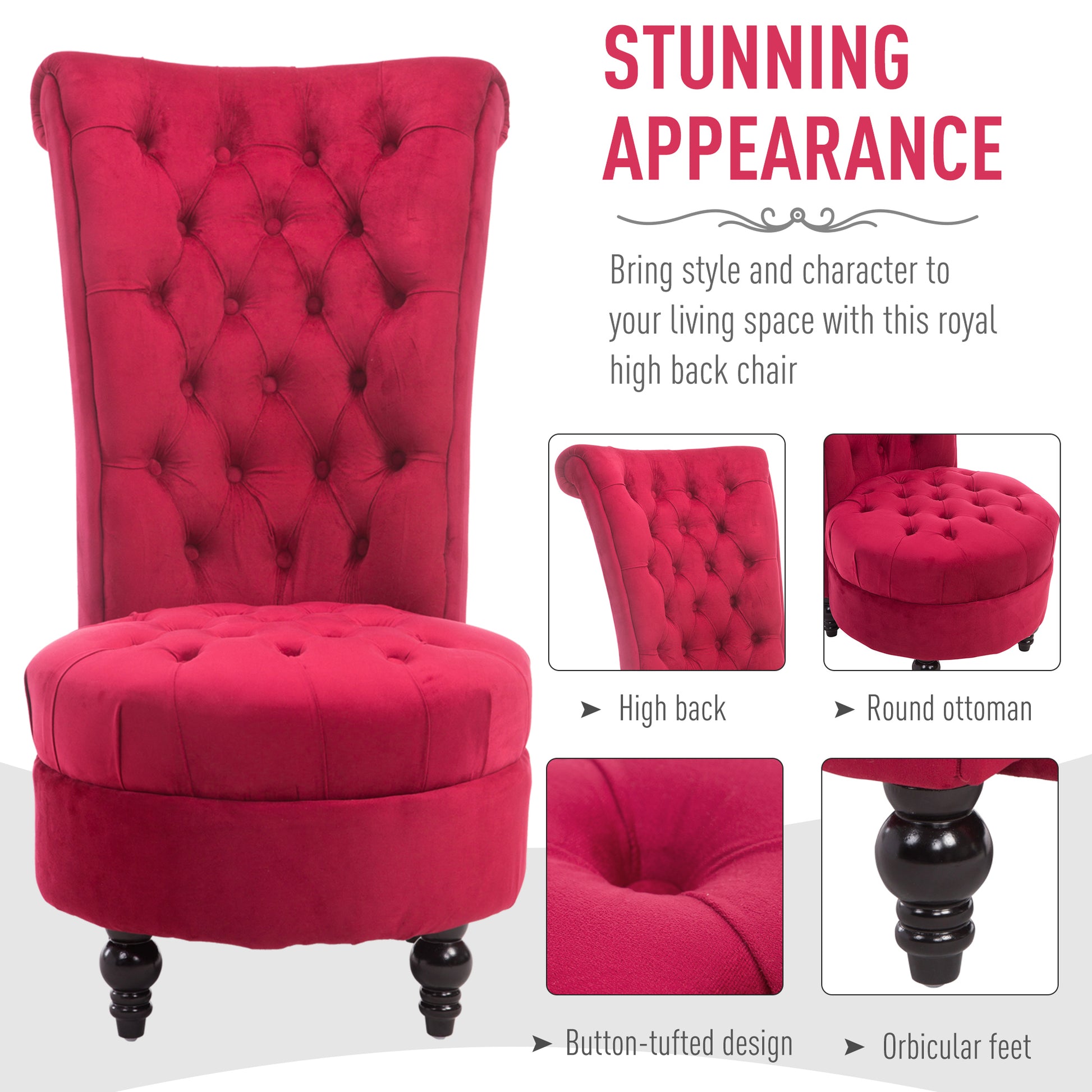 Homcom High Back Accent Chair, Upholstered Armless Chair, Retro Button Tufted Royal Design With Thick Padding And Rubberwood Leg For Living Room, Dining Room And Bedroom, Crimson Red Red Polyester
