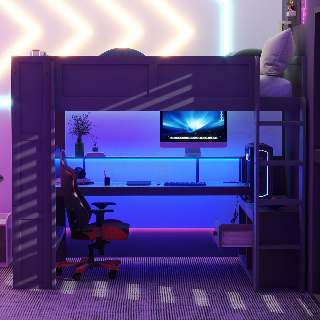 Wood Full Size Gaming Loft Bed With Desk, Multi Storage Shelves, Led And Charging Station, Dark Gray Box Spring Not Required Full Dark Gray Wood Bedroom Bed Frame Solid Wood Mdf