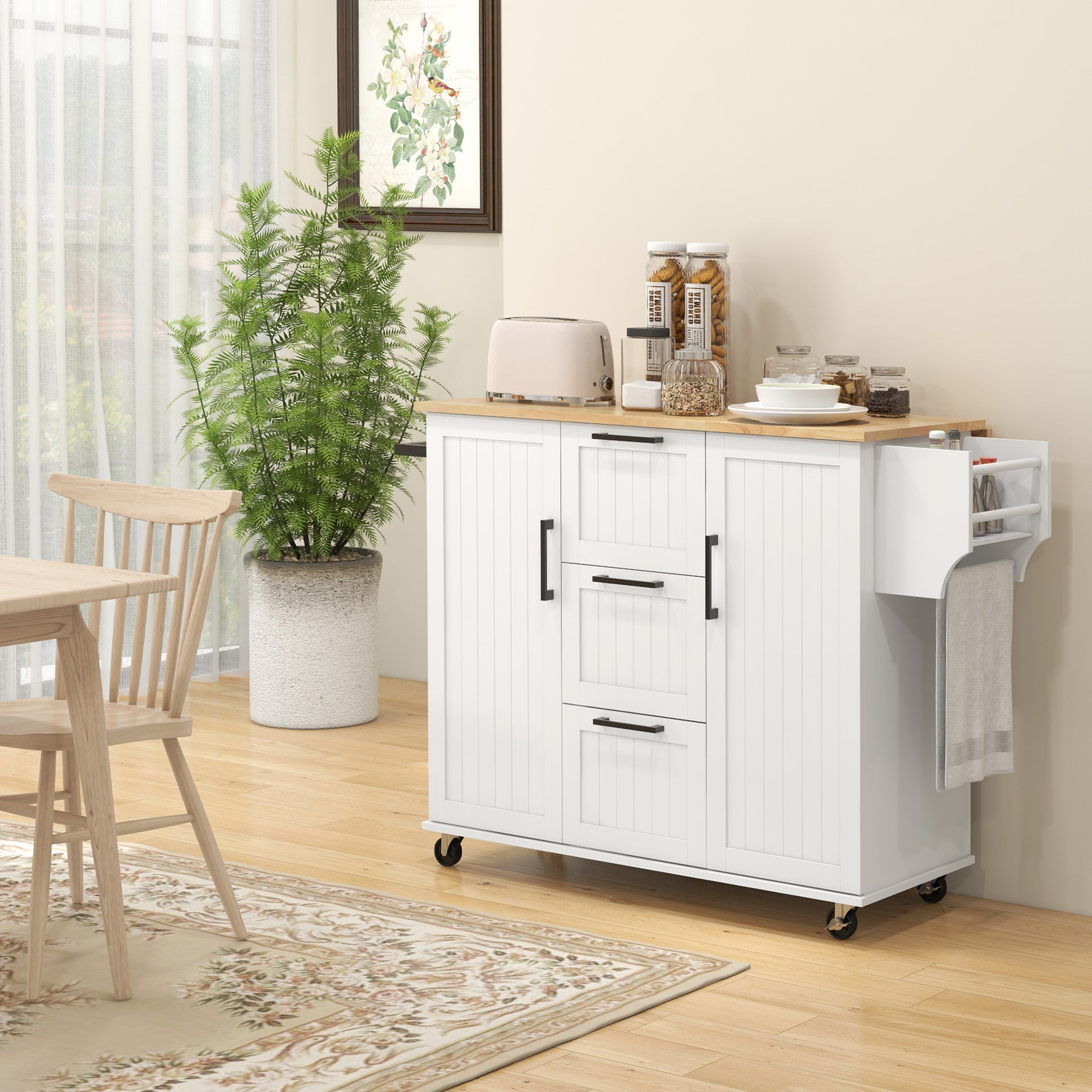 Homcom Kitchen Island With Drop Leaf, Rolling Kitchen Cart On Wheels With 3 Drawers, 2 Cabinets, Natural Wood Top, Spice Rack And Towel Rack, White White Rubber Wood