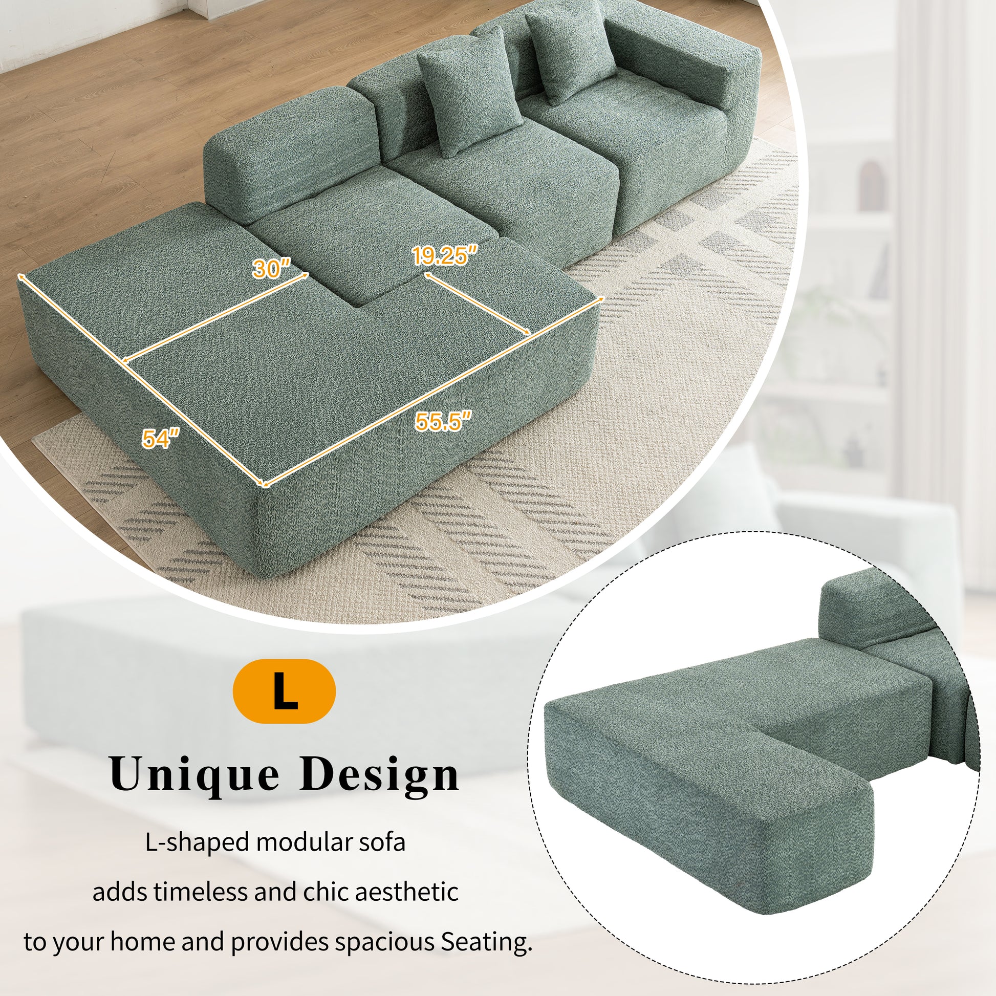 116.5" Sectional Sofa Full Compressed Sofa Couch Free Combined Sofa For Living Room, Green Green Foam Polyester 4 Seat