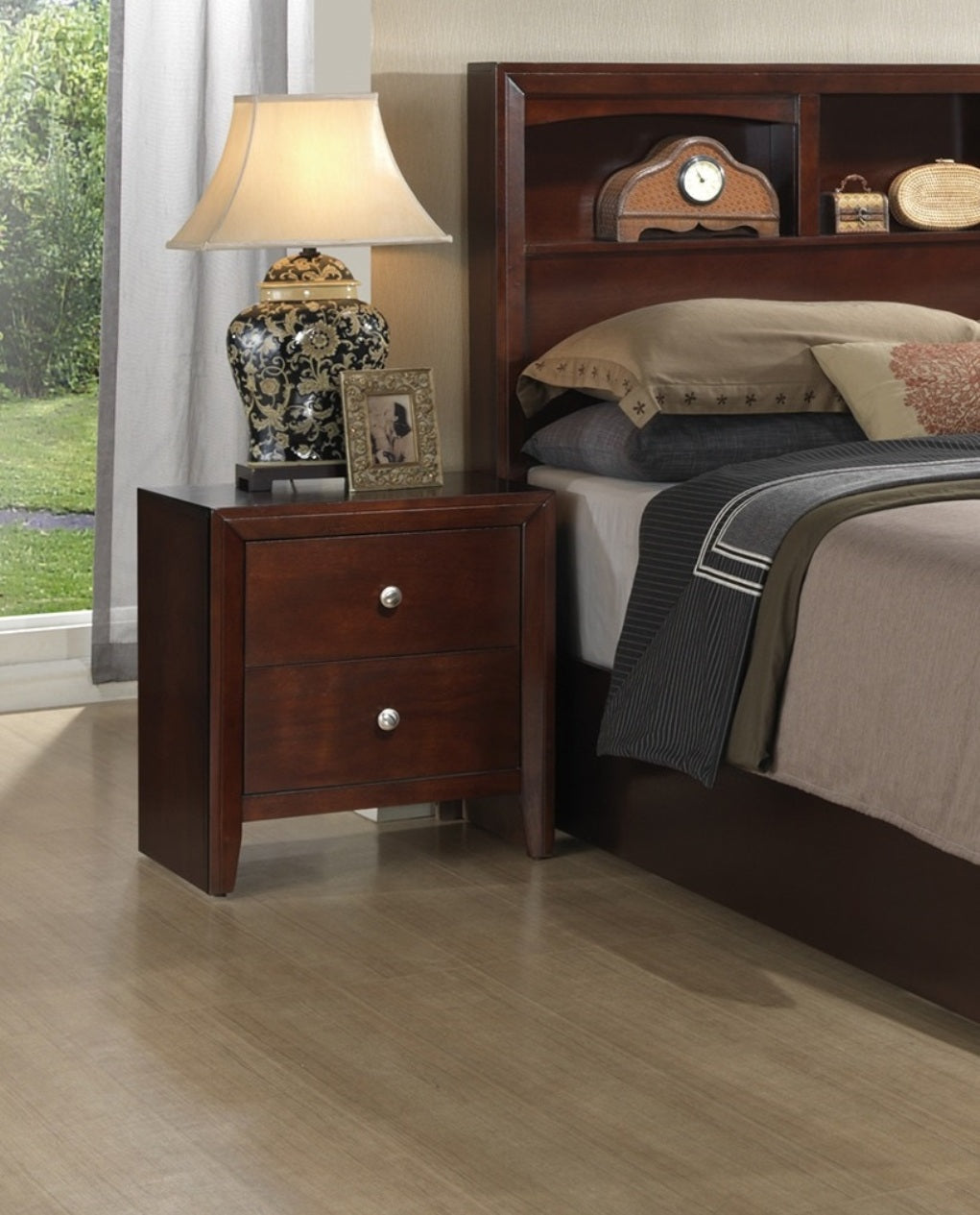 Brown Cherry 1Pc Nightstand Nickel Round Knob Transitional Style 2 Drawers Nightstand Bedside Table Rubberwood Brown Brown 2 Drawers Bedside Cabinet Bedroom Contemporary,Modern,Transitional