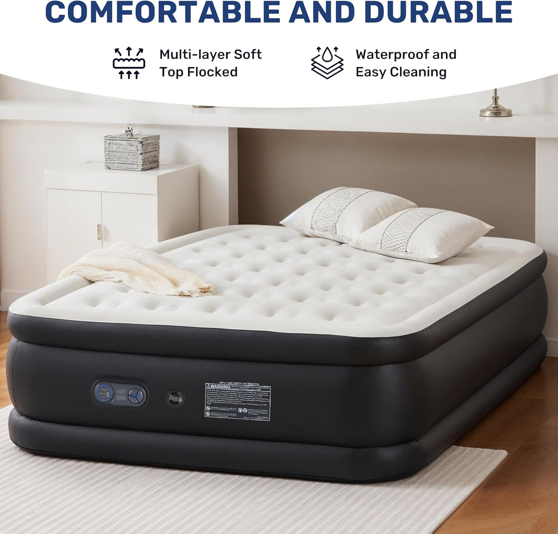 Queen Camping Air Mattress With Built In Electric High Speed Pump, 16" Bed Height, Blow Up Aerobed Inflatable Airbed With Carrying Bag For Home Guests & Travel, Waterproof Foldable Portable Black