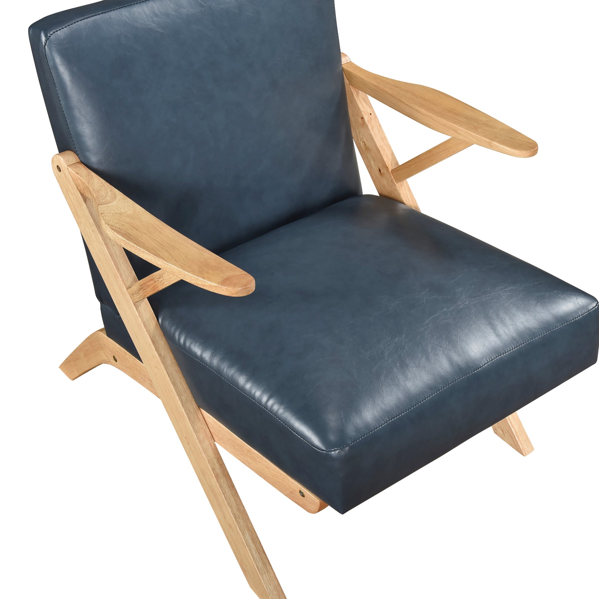 Natural Finish Solid Rubberwood Frame 1Pc Accent Chair Blue Faux Leather Upholstery Living Room Furniture Blue,Natural Primary Living Space Rubberwood Solid Wood