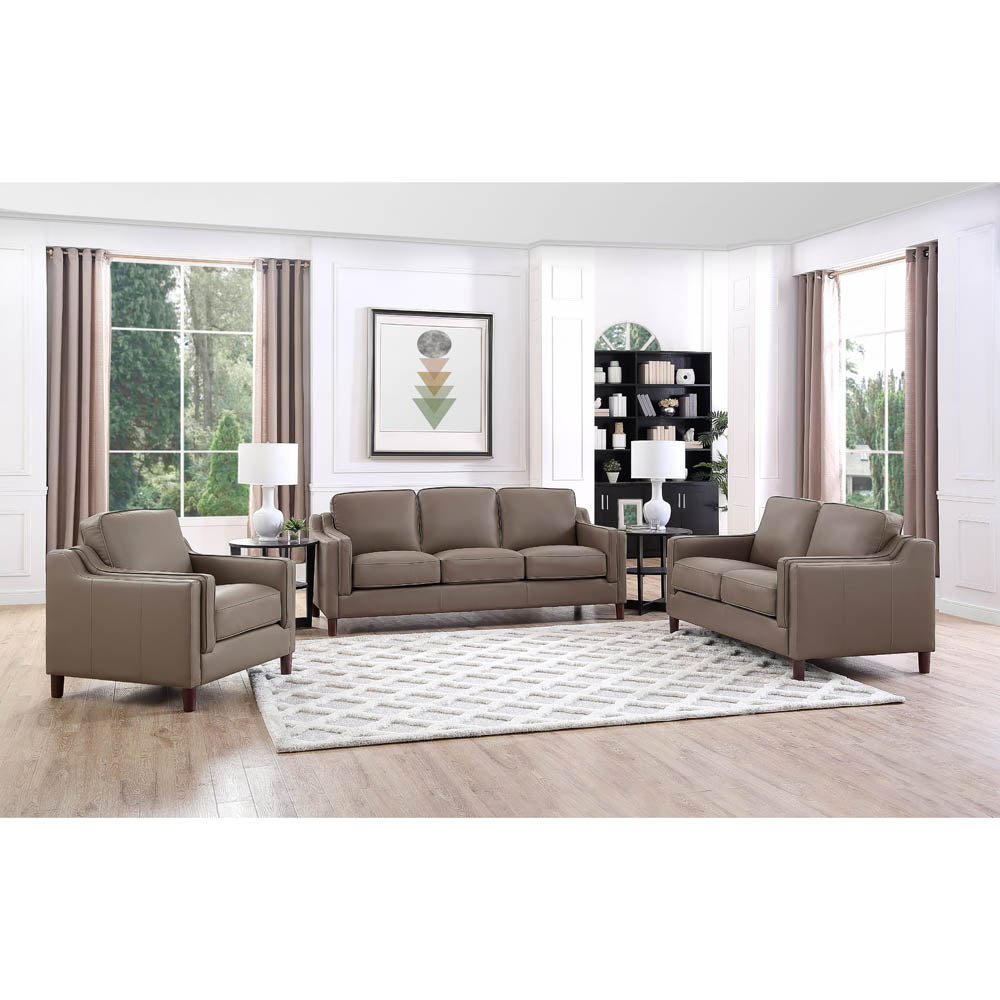 Bella Top Grain Leather Loveseat Taupe Brown Genuine Leather Wood Primary Living Space Medium Firm Cushion Back Mid Century Modern Eucalyptus Square Arms Down Filling Leather