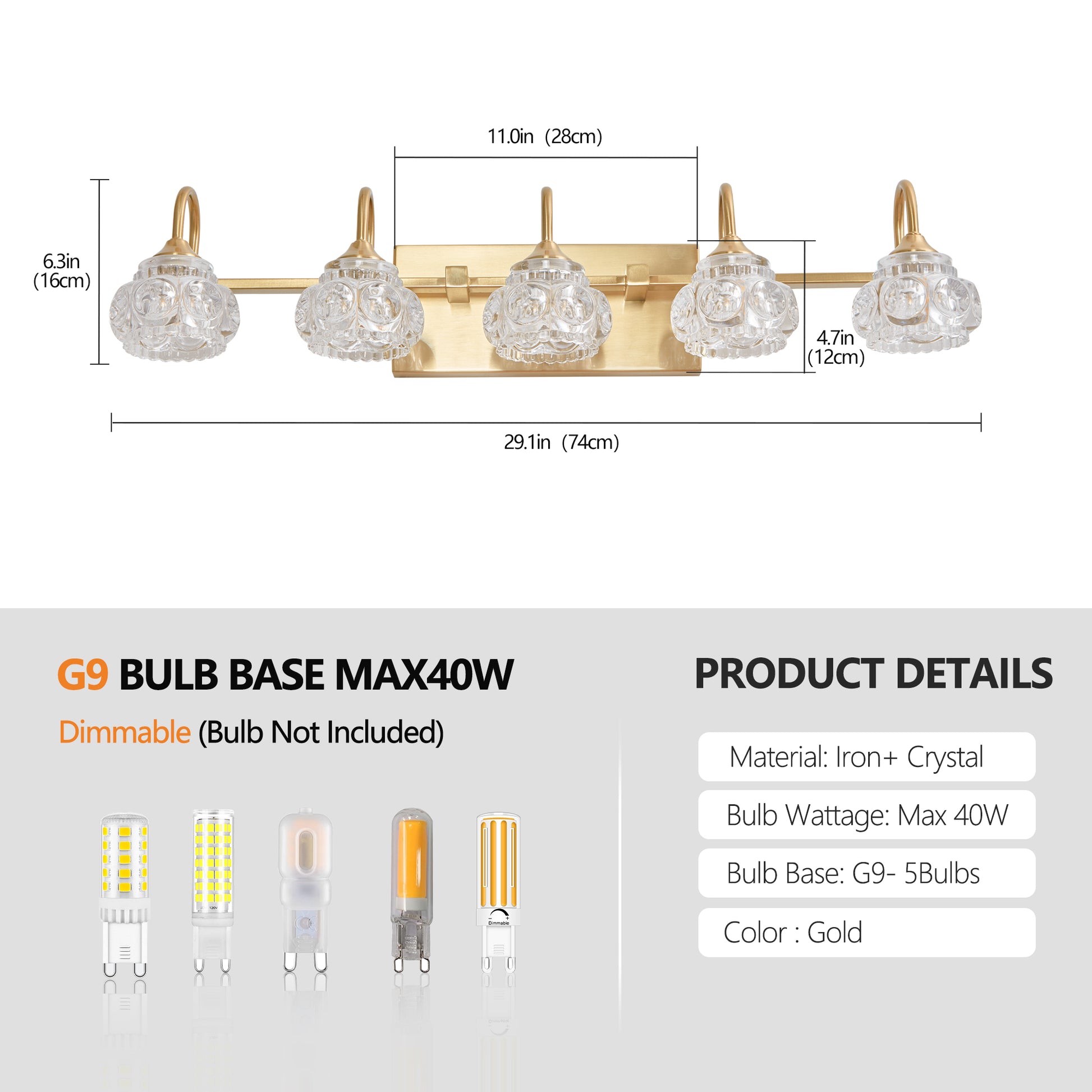Modern Crystal Bathroom Vanity Light, 5 Light Golden Wall Sconce With Clear Glass Shade, Elegant Wall Mount Lighting For Bathroom, Powder Room, Or Vanity Mirror No Bulbs Golden Crystal,Iron