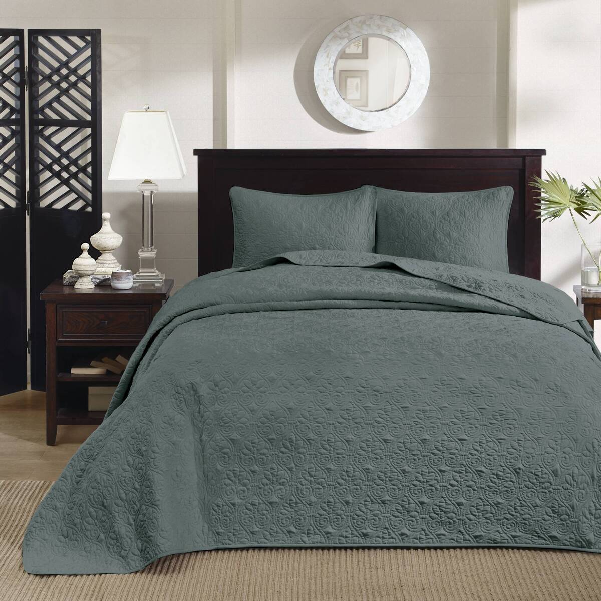 3 Piece Reversible Bedspread Set Balsam Green King Green Polyester