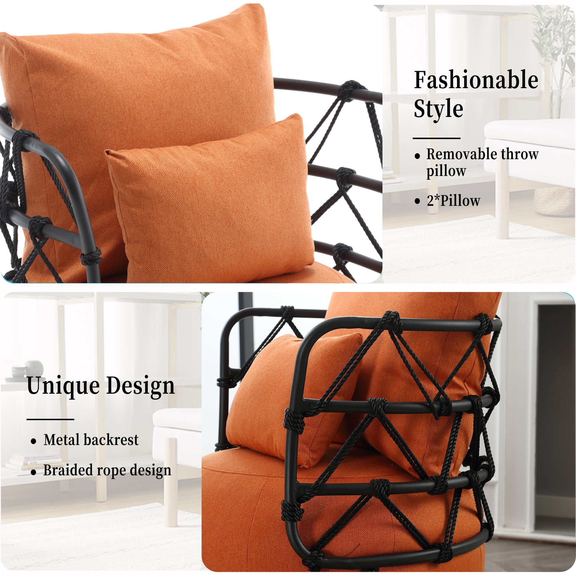 Coolmore Upholstered Tufted Living Room Chair Textured Linen Fabric Accent Chair With Metal Stand Orange Primary Living Space Foam Linen