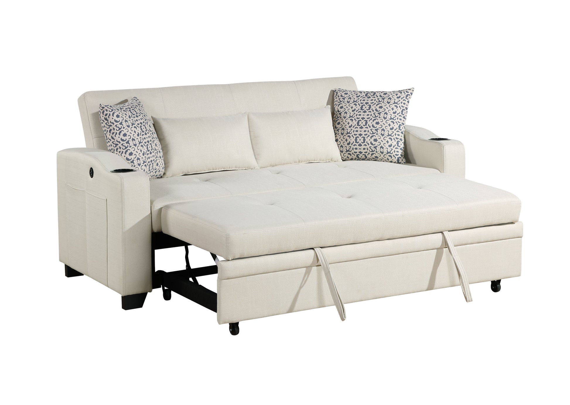 Bennett 71"W Beige Fabric Convertible Sleeper Loveseat With Usb Charger And Cupholders Beige Fabric