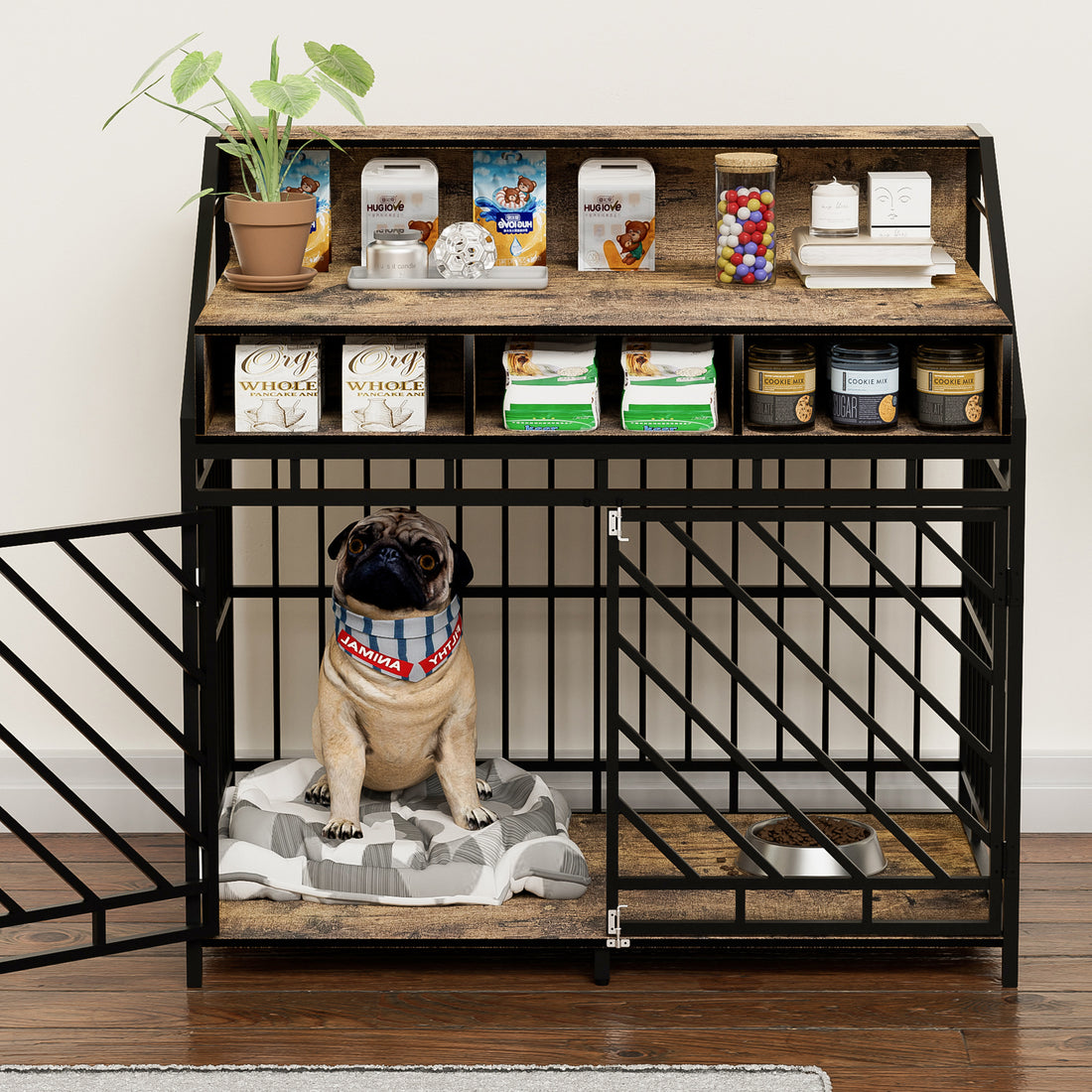 43.3 Inch Dog Crate Furniture For Large Dogs,Wooden Dog Crate With Divider,Double Door Dog Kennel With Three Drawers Storages,Heavy Duty Dogs Decorative Pet House For Large Medium Dogs ,Rustic Brown