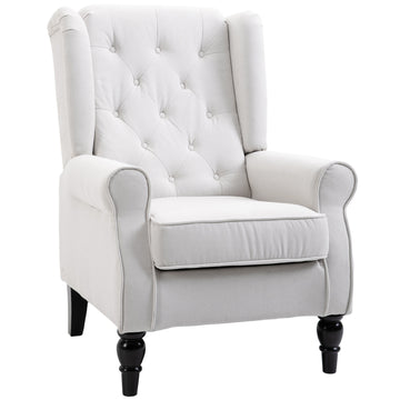 Homcom Button Tufted Accent Chair With High Wingback, Rounded Cushioned Armrests And Thick Padded Seat, Cream White Cream White Fabric