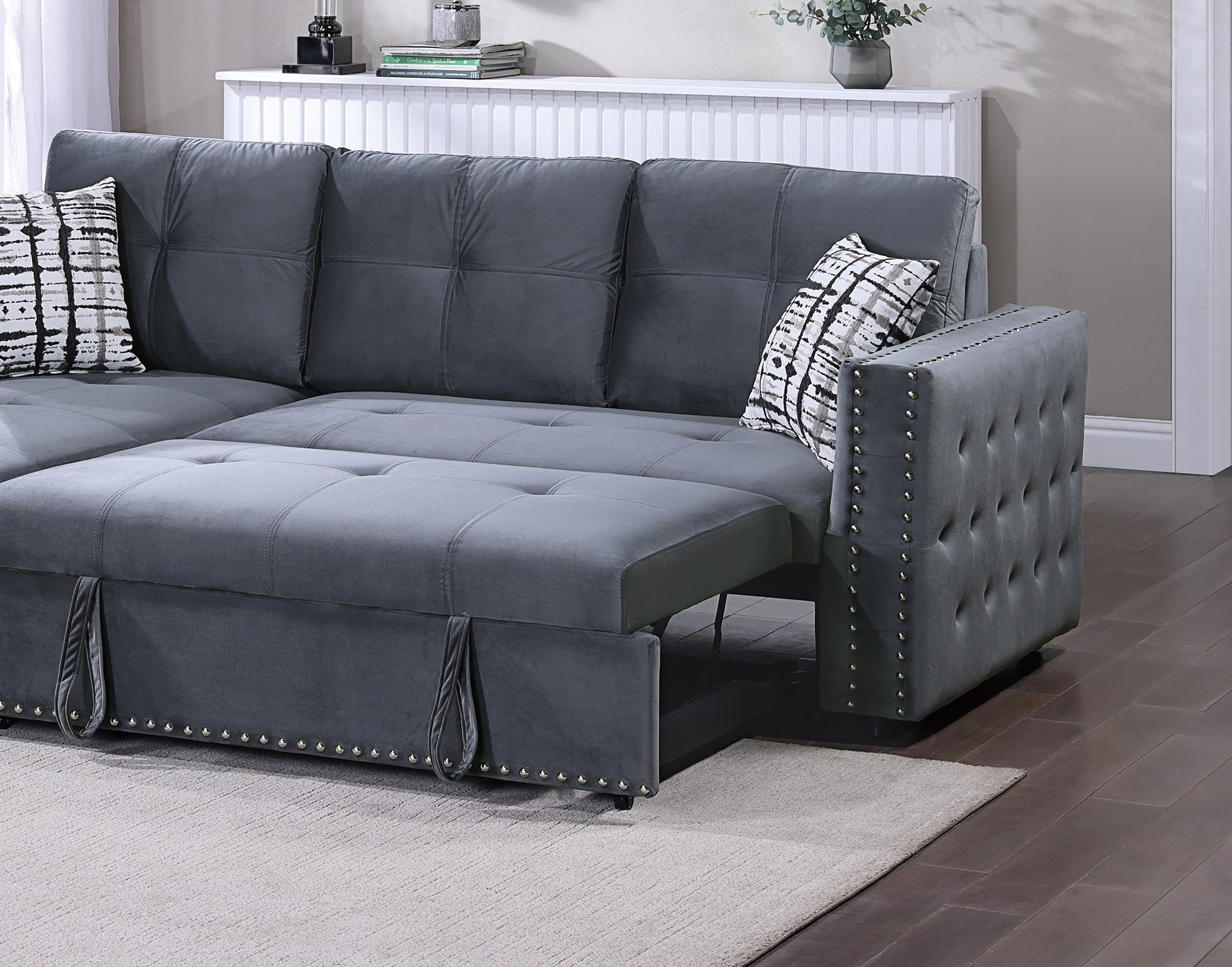 Gray Velvet Convertible Sectional Sofa Pull Out Bed Couch Storage Chaise Tufted Reversible 2Pc Sectional Living Room Gray Primary Living Space Tufted Back Contemporary,Modern L Shaped Square Arms Velvet 4 Seat