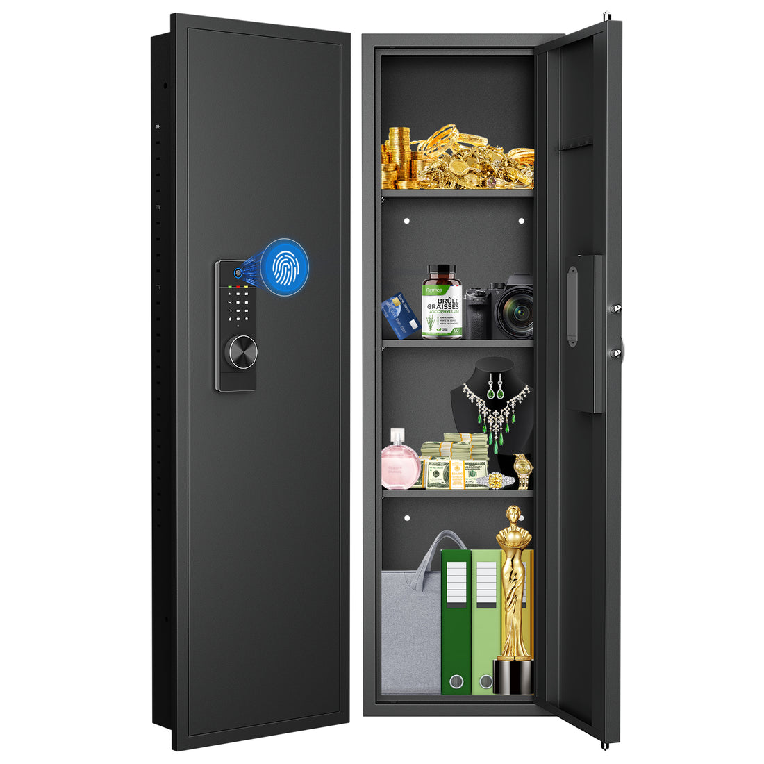 Fingerprint Touch Panel In Wall Safe,Hidden Wall Safe For Rifles And Pistols With Adjustable Shelves,Assembled Storege Safe For Firearm And Valuables Black Fingerprint Black Steel