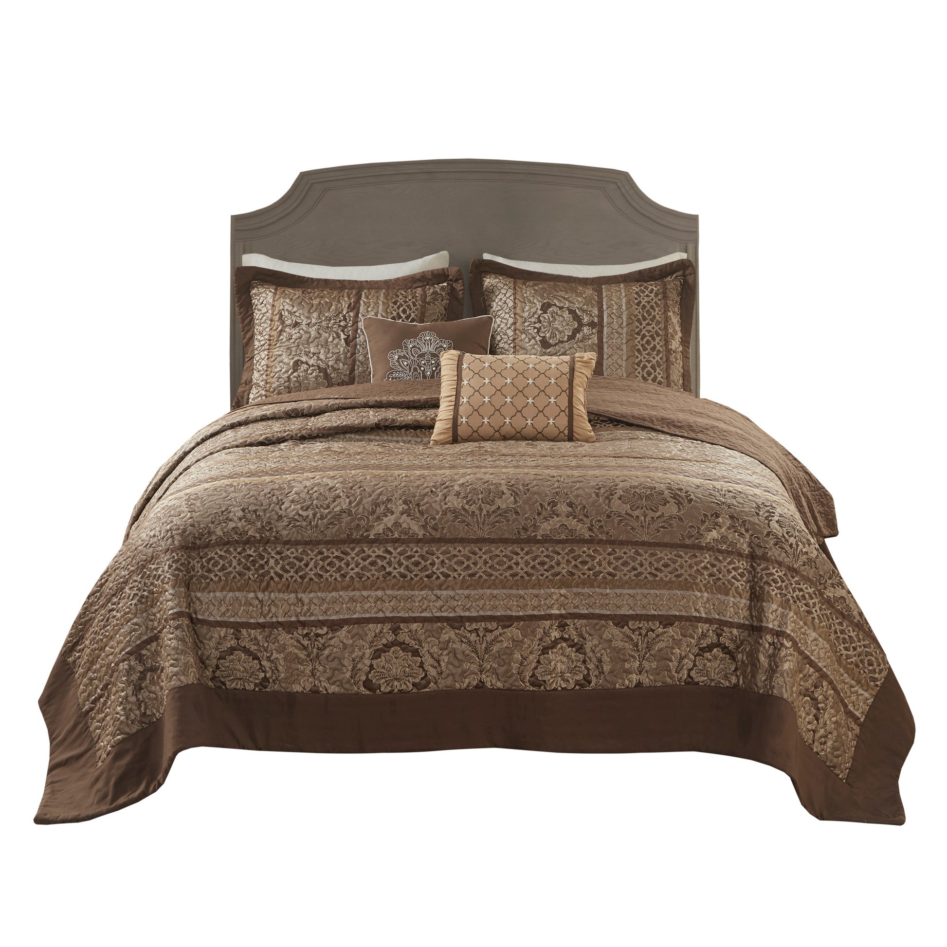 5 Piece Reversible Jacquard Bedspread Set Brown Gold King King Brown Gold Microfiber