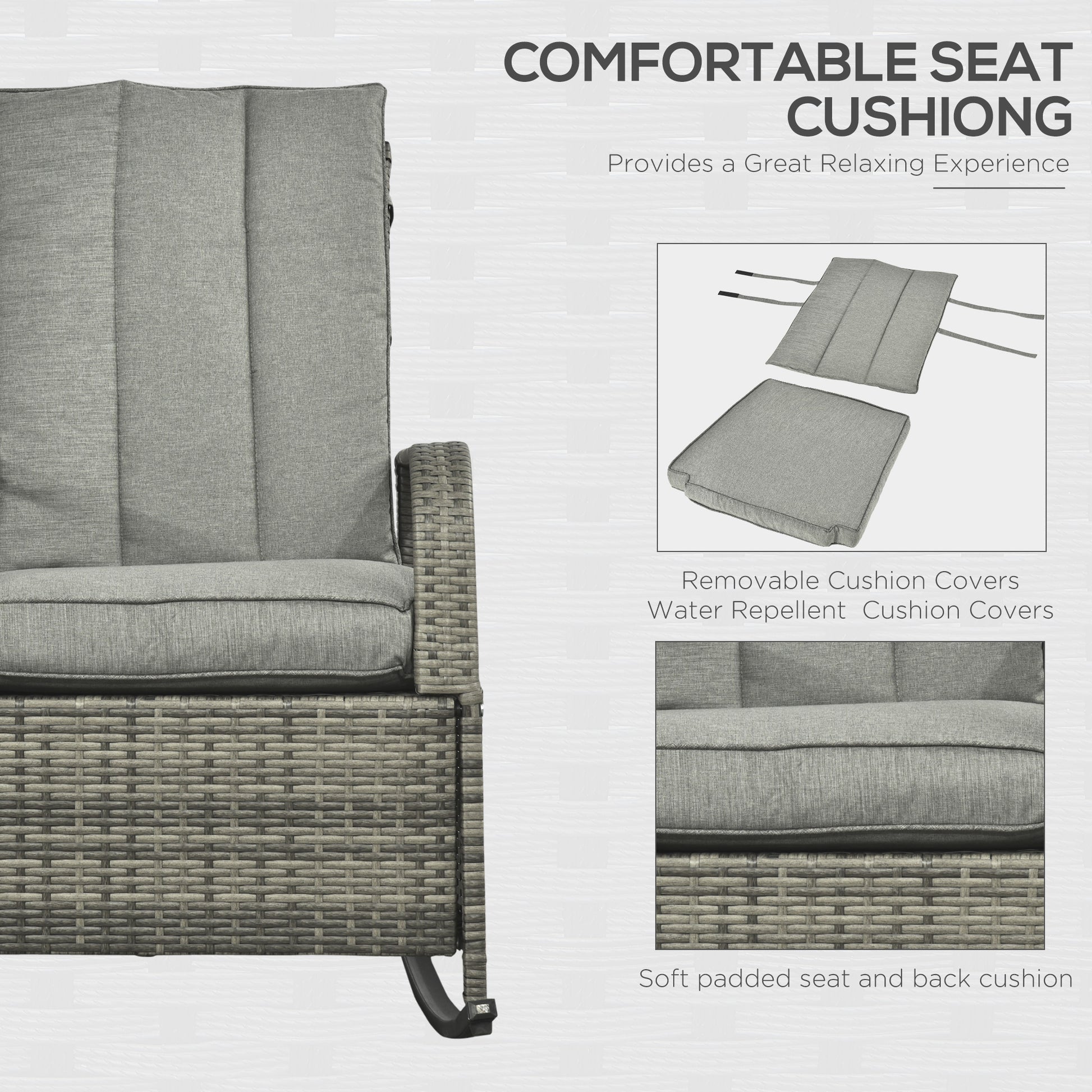 Outsunny Outdoor Rattan Rocking Chair Patio Recliner With Soft Cushions, Adjustable Footrest, Max. 135 Degree Backrest, Pe Wicker, Gray Gray Wicker