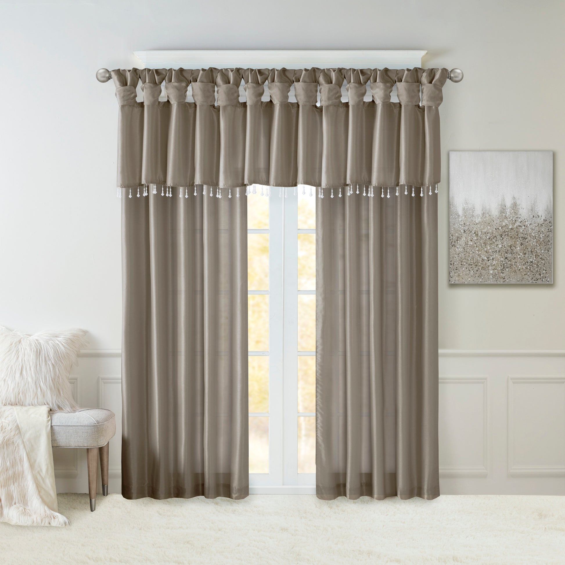 Lightweight Faux Silk Valance With Beads Pewter 50X26" Pewter Microfiber