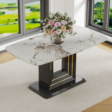 Rectangular 63" Marble Dining Table, Luxurious Dining Room Table With Faux Marble Top And U Shape Mdf Base, Modern Kitchen Dining Table For Kitchen Living Dining Room White Black Luxury,Modern Mdf