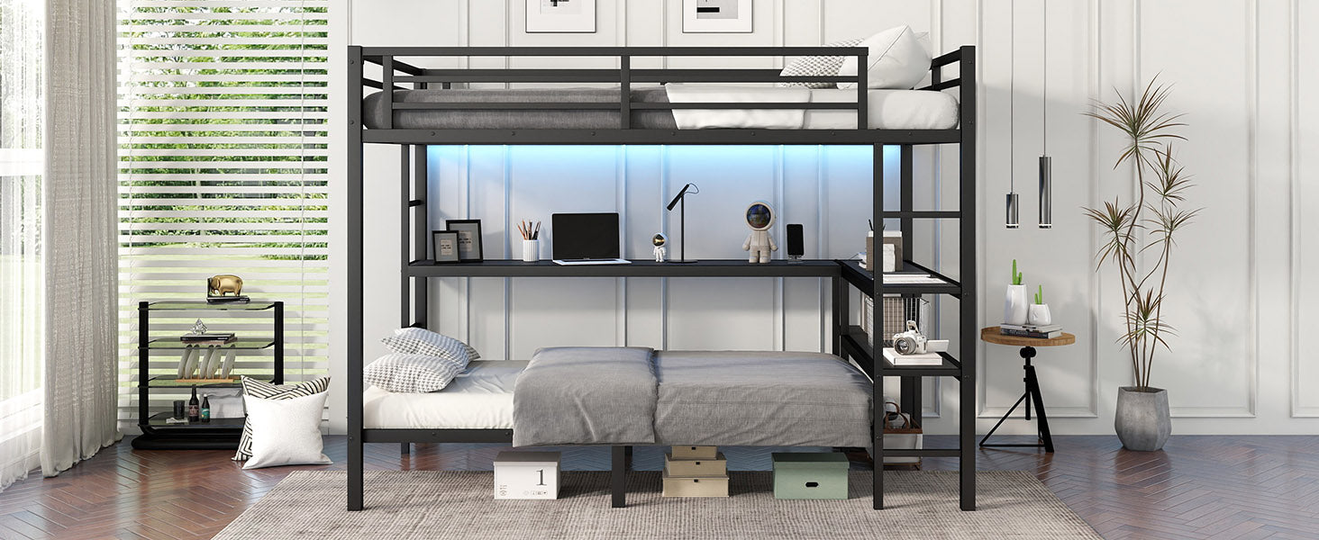 Full Xl Over Twin Bunk Bed With Desk And Shelves, Multiple Placement, With Led And Usb, Black Black Metal