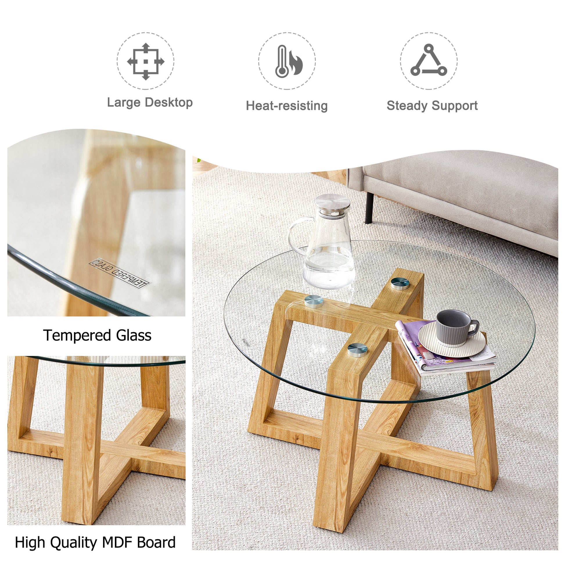 Modern Practical Circular Coffee Tables. Made Of Transparent Tempered Glass Tabletop And Wood Colored Mdf Material. Suitable For Living Rooms And Bedrooms.31.5"*31.5"*17.7" Transparent Glass