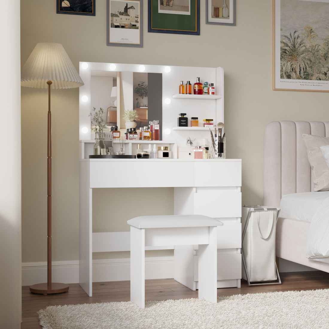 Vanity, Makeup Vanity Desk Set With Mirror & Light, Dressing Table Storage Lots With Power Strip, 3 Lighting Modes With Adjustable Brightness, 37 Inches White With Stool White Drawer 4 Drawers Bedroom Extra Deep Drawers Modern 2 Or Less Mirror Included