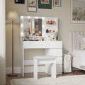 Vanity, Makeup Vanity Desk Set With Mirror & Light, Dressing Table Storage Lots With Power Strip, 3 Lighting Modes With Adjustable Brightness, 37 Inches White With Stool White Drawer 4 Drawers Bedroom Extra Deep Drawers Modern 2 Or Less Mirror Included