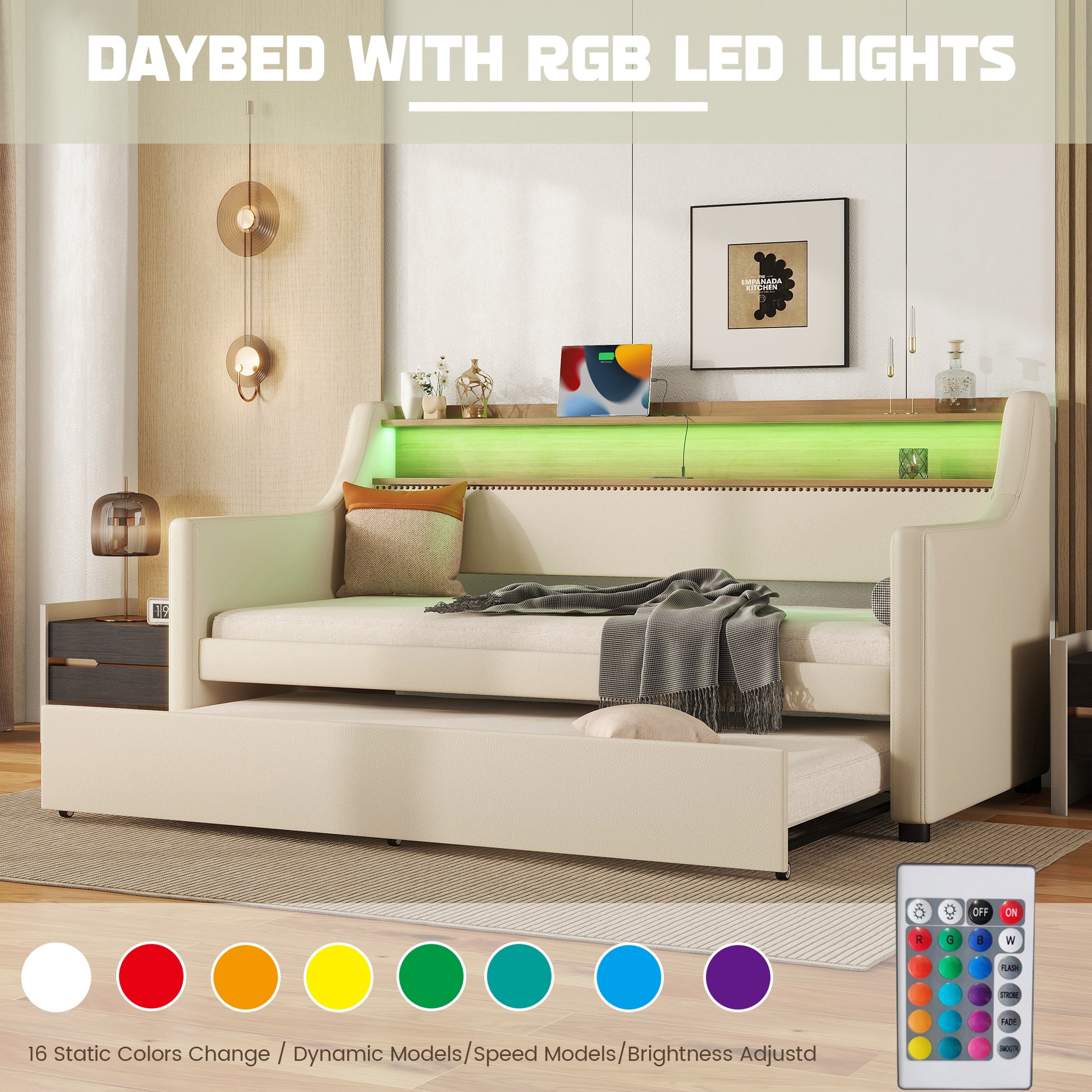 Twin Size Daybed With Trundle, Upholstered Daybed With Charging Station And Led Lights, Beige Twin Beige Pu Leather