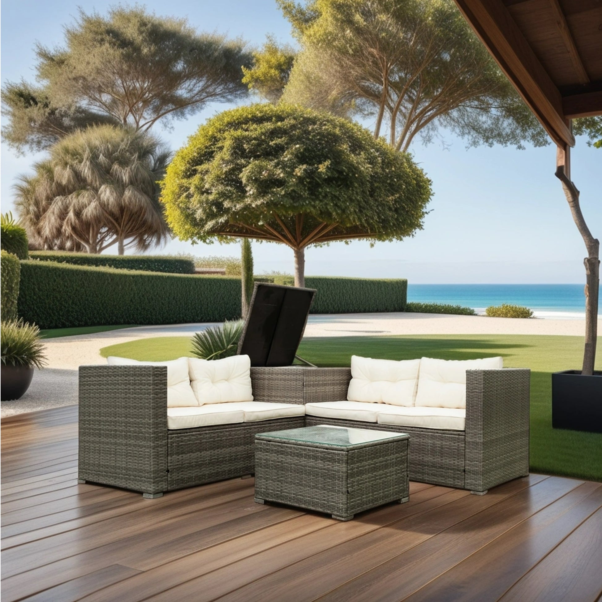 4 Piece Patio Sectional Wicker Rattan Outdoor Furniture Sofa Set With Storage Box Grey Wicker Creme Cushion Yes Complete Patio Set Grey Rust Resistant Frame Mildew Resistant Cushion Garden & Outdoor Modern Complete Patio Sets Fiber Foam And Polyester