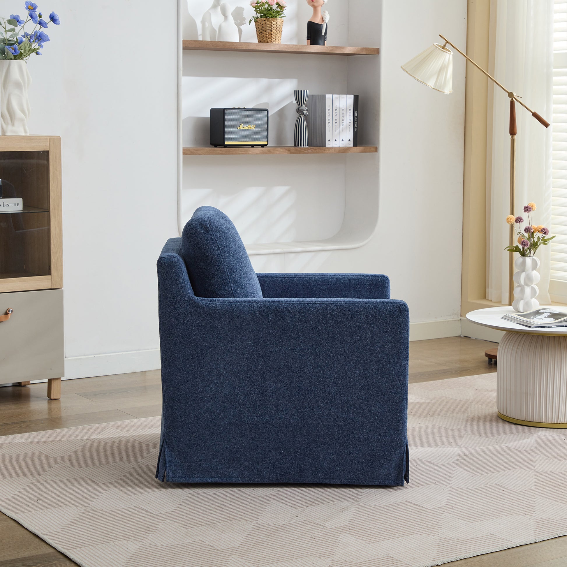 29.92'' Swivel Accent Chair, Upholstered Skirted Swivel Chair With Removable Back Cushion, 360 Degree Comfy Armchair For Living Room, Nursery, Lounge,Office,Navy Chenille Navy Chenille