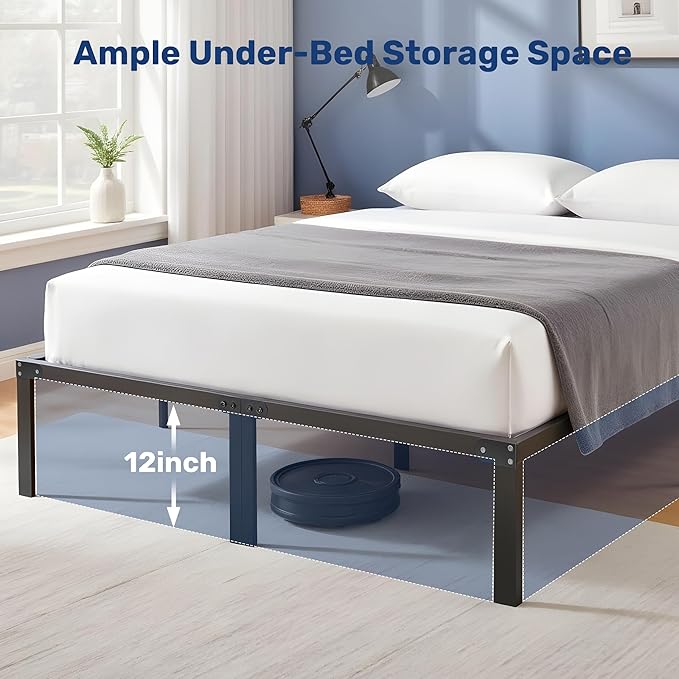 King Size Bed Frame, 14 Inch Platform Bed No Box Spring Needed, Sturdy Metal Bed Frame King Size, Storage Space Under The Bed Heavy Duty Frame Bed, Black Black Metal