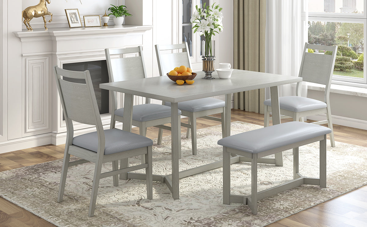 Farmhouse 6 Piece Wood Dining Table Set With 4 Upholstered Chairs And Bench, Gray Gray Wood Dining Room Bench Seating Rubberwood Rectangular Dining Table With Chair And Bench Upholstered Chair Wood Gray Solid Back Seats 6 Farmhouse Trestle Foam Solid