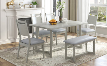 Farmhouse 6 Piece Wood Dining Table Set With 4 Upholstered Chairs And Bench, Gray Gray Wood Dining Room Bench Seating Rubberwood Rectangular Dining Table With Chair And Bench Upholstered Chair Wood Gray Solid Back Seats 6 Farmhouse Trestle Foam Solid
