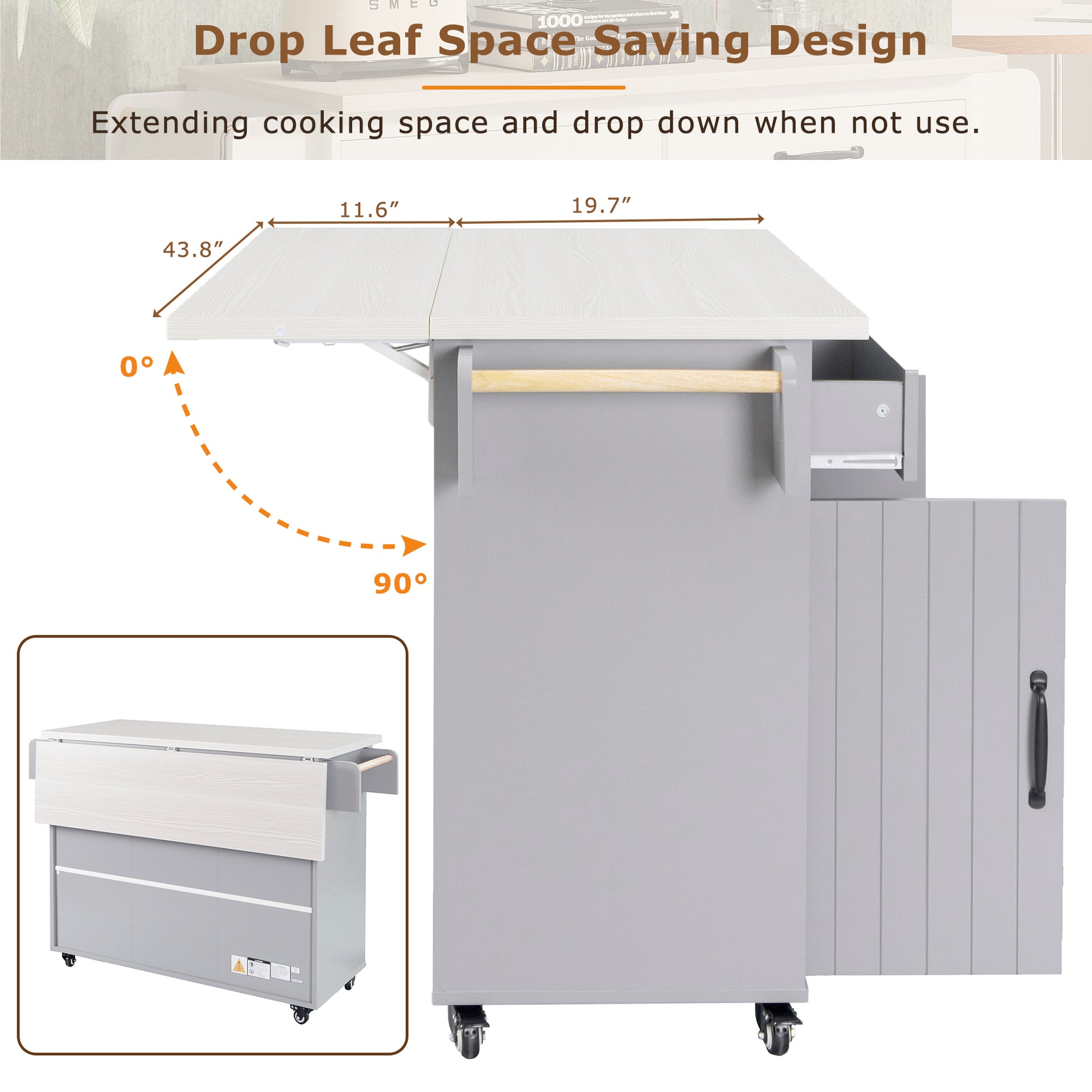 K&K Kitchen Island With Trash Can Storage Cabinet, Kitchen Cart With Drop Leaf, Spice Rack, Towel Rack And Drawer, Rolling Kitchen Island On Wheels With Adjustable Shelf, Grey Grey Gray Kitchen