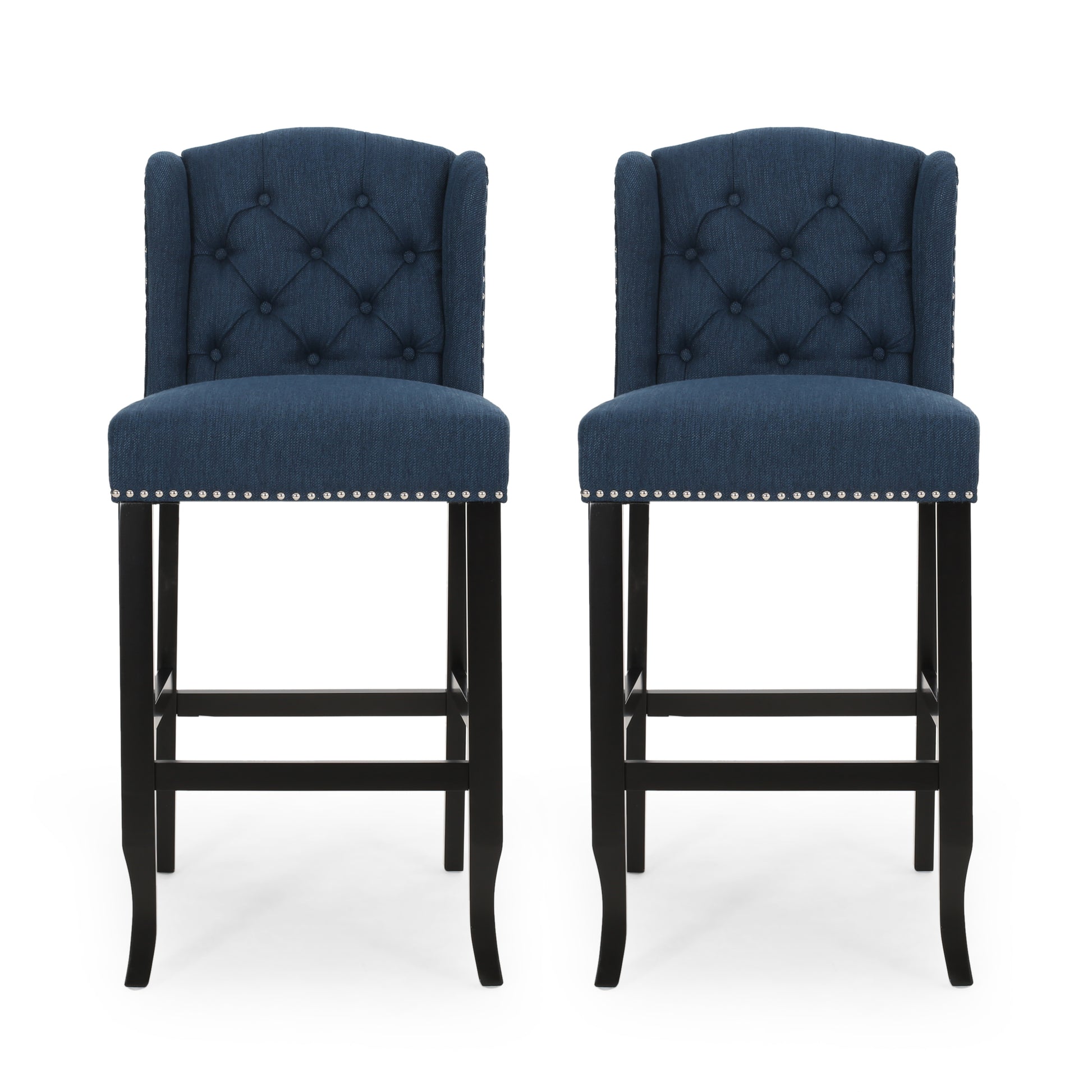 Vienna Contemporary Fabric Tufted Wingback 31 Inch Counter Stools, Set Of 2, Navy Blue And Dark Brown Navy Blue Fabric