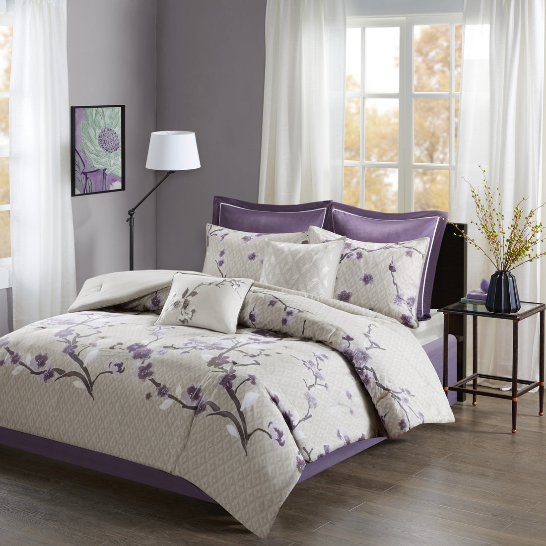 8 Piece Cotton Comforter Set Purple Taupe King King Purple Taupe Polyester