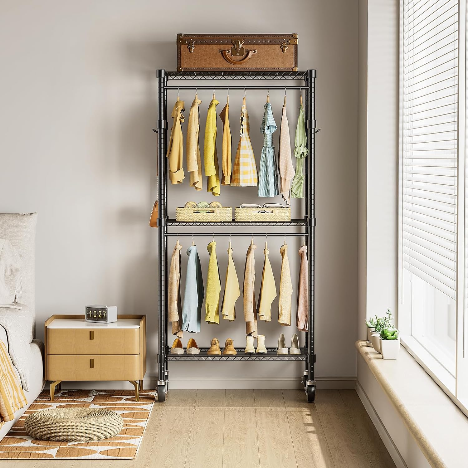 Rolling Clothes Rack, Heavy Duty Clothing Rack, 3 Shelf Portable Adjustable Wardrobe Closet With Wheels, Hanging Rods & Side Hooks, 29.5" W X 15.7" D X 75.6" H, Black Black Steel
