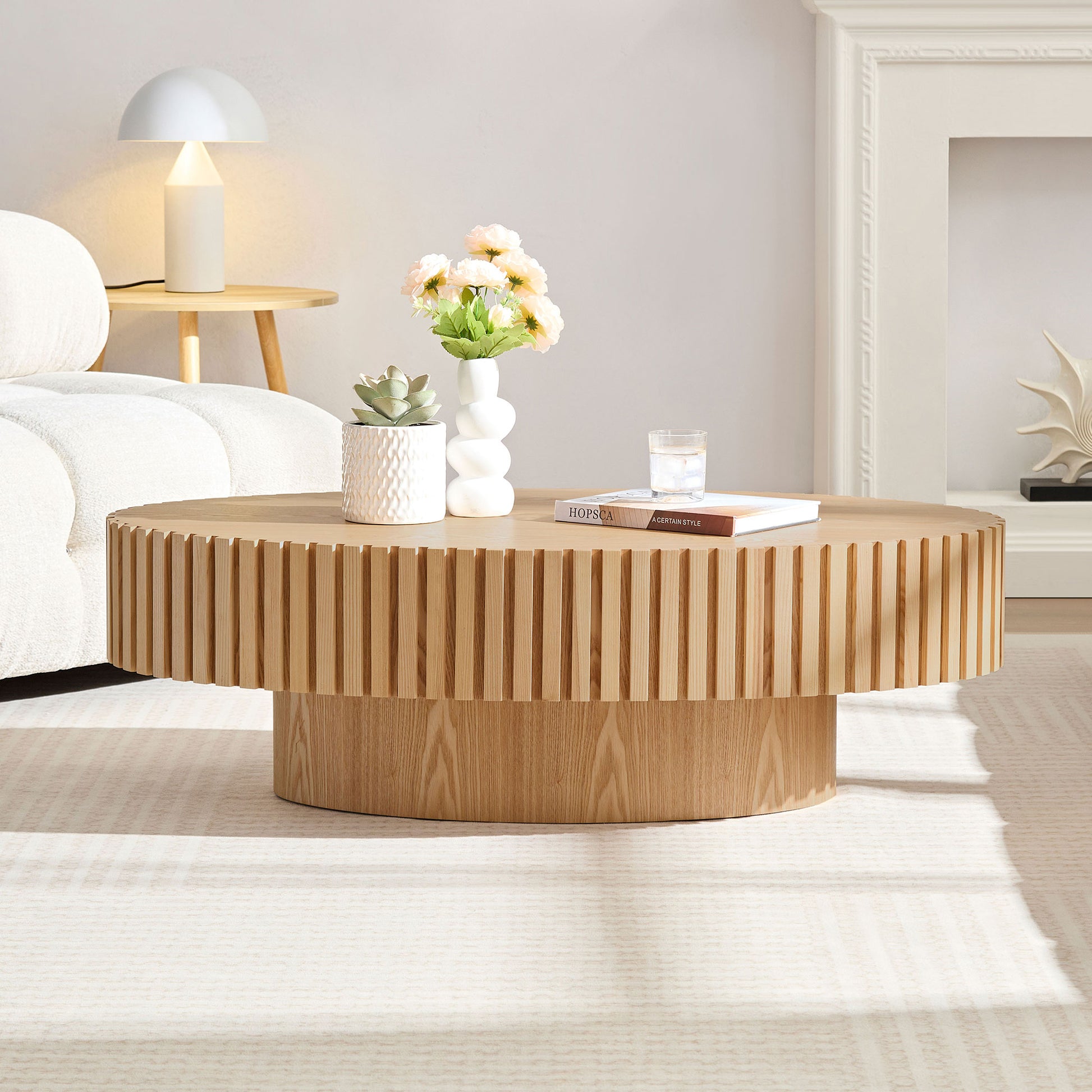 Modern Handcraft Drum Coffee Table Length 43.7 Inch Ellipse Coffee Table For Living Room,Oval Small Coffee Table With Sturdy Pedestal,Natural Ash Mdf Natural Ash Mdf