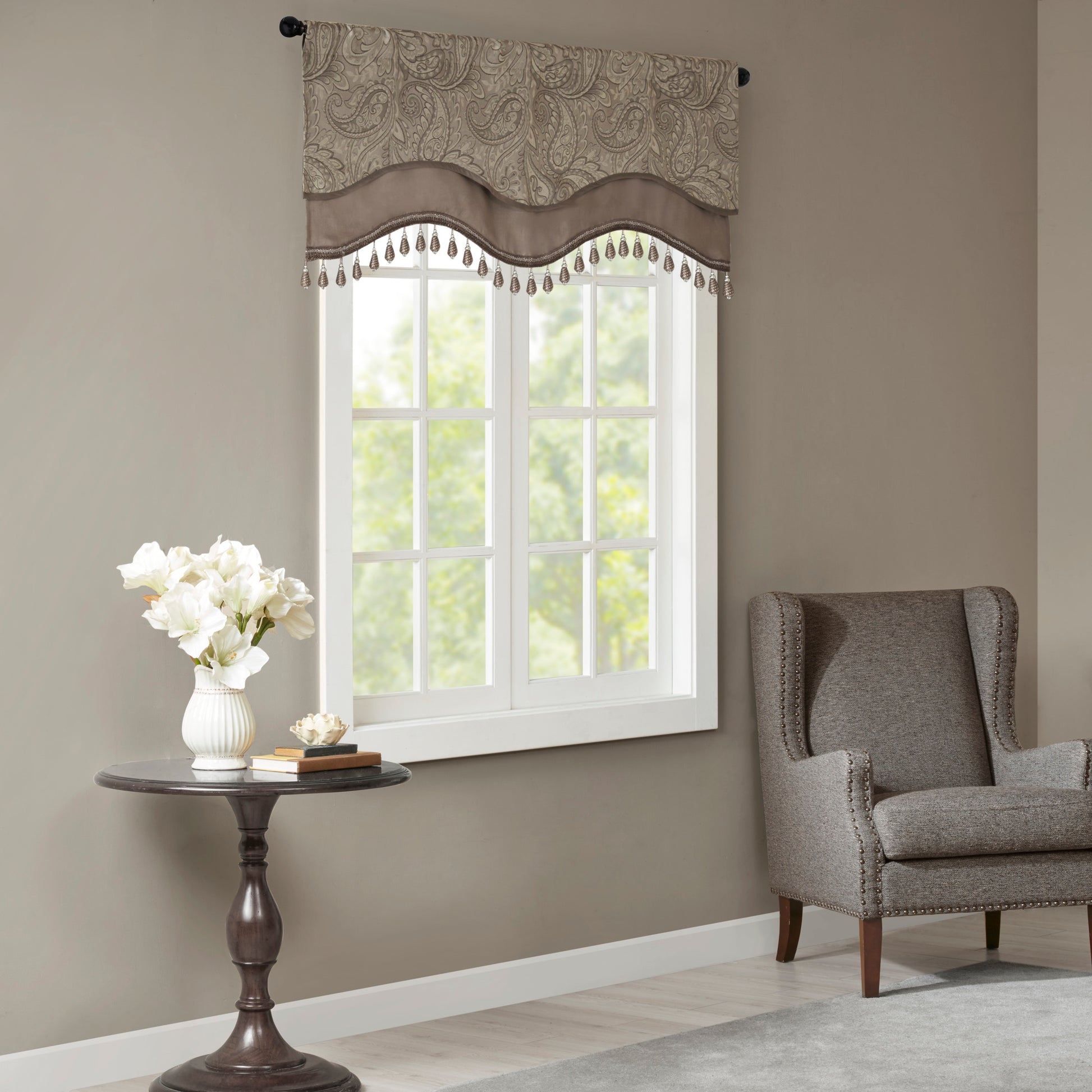 Jacquard Window Rod Pocket Valance With Beads Blue Brown 50X18" Blue Brown Polyester