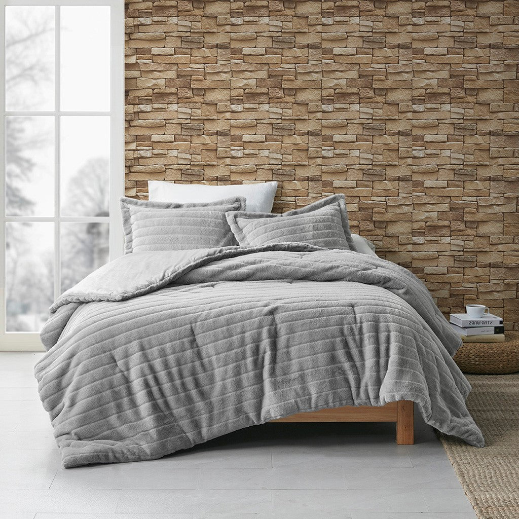 Faux Fur Comforter Set King Grey Polyester