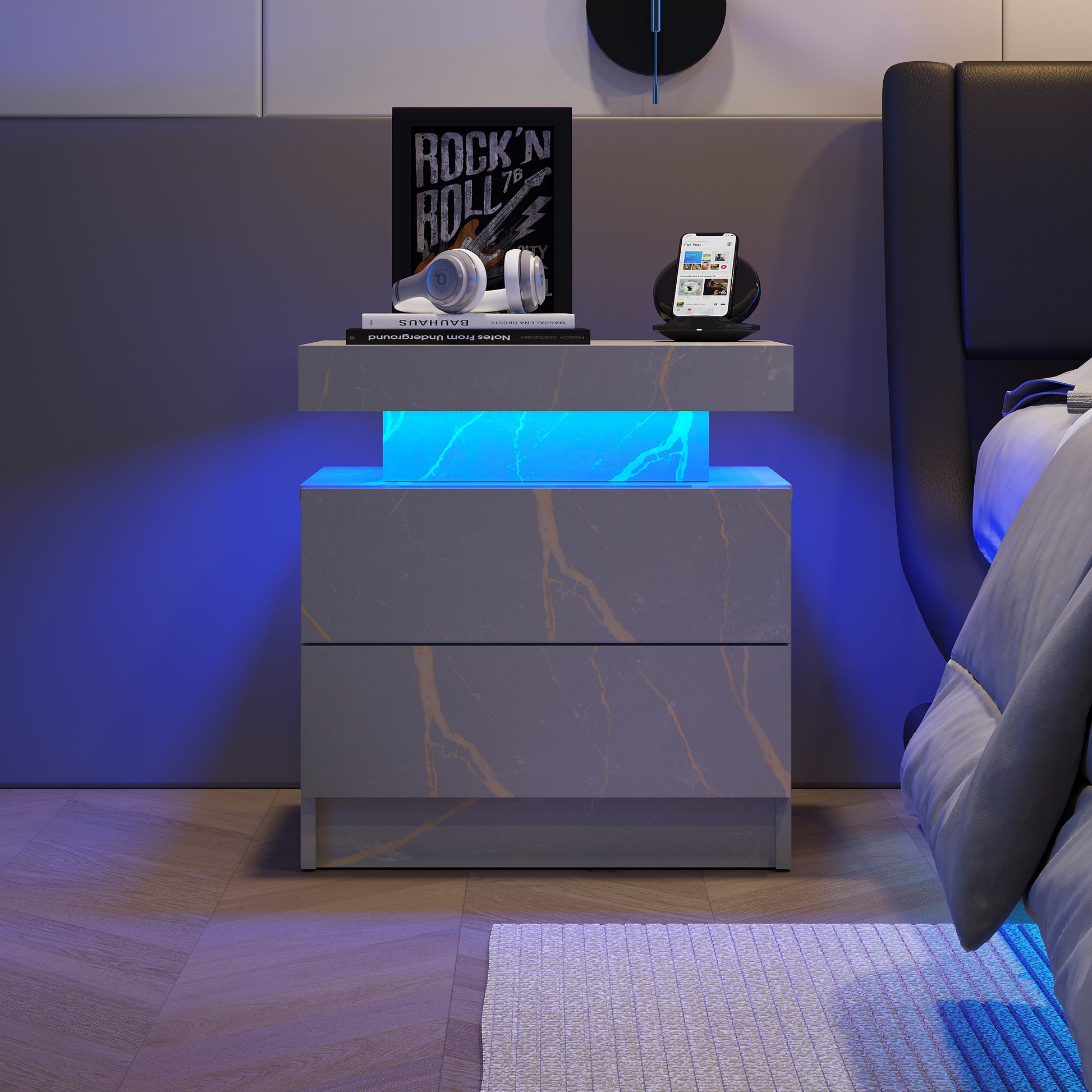 Nightstand Led Bedside Table Cabinet Lights Modern End Side With 2 Drawers For Bedroom Gray Gold Gray Silver 2 Drawers Bedroom Bedside Cabinet American Design,Boho,Classic,Traditional Drawers Engineered Wood