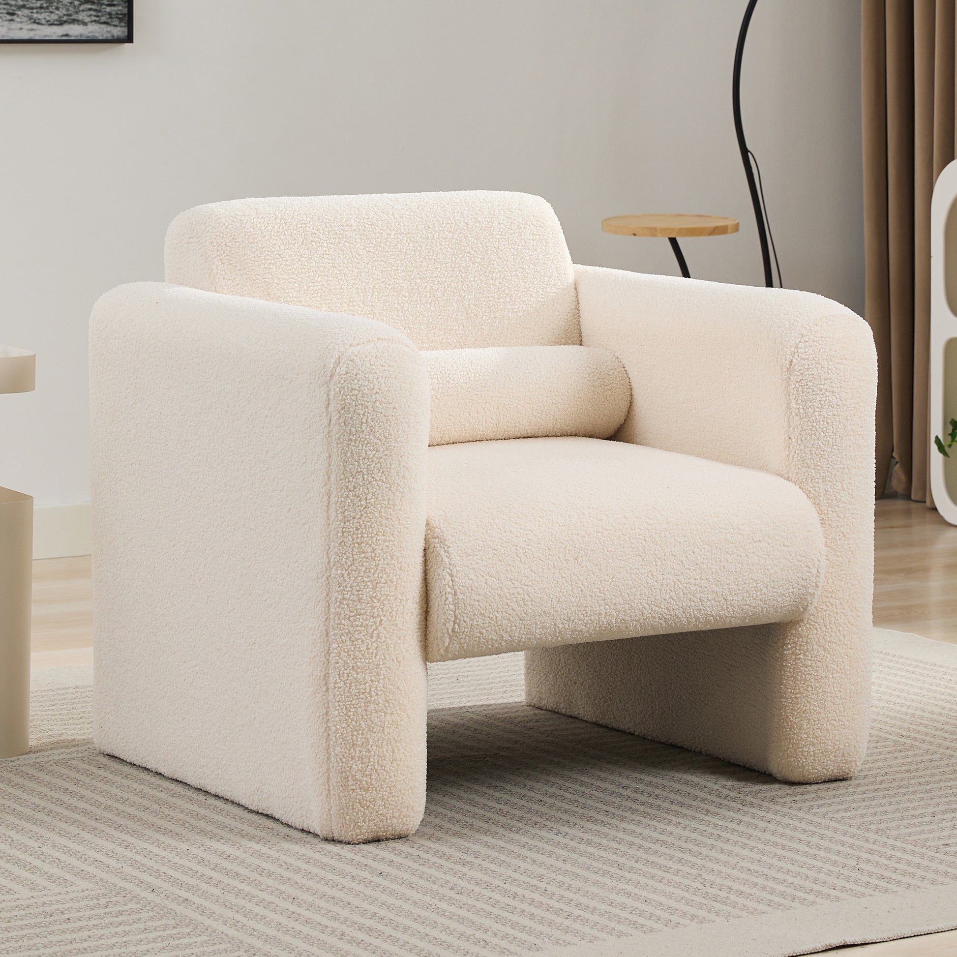 Modern Accent Chair Lambskin Sherpa Fabric Upholstered Comfy Reading Arm Chair Soft Padded Armchair With Back And Pillow For Living Room Bedroom Reception Waiting Room Office, Cream Cream Primary Living Space Upholstered