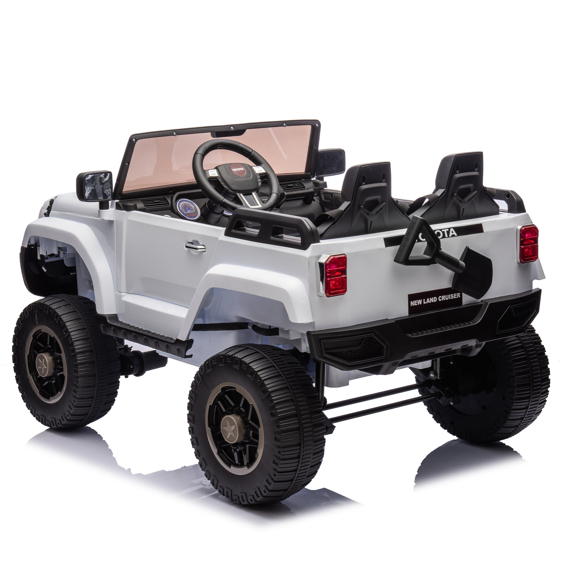 24V Two Seater Kids Ride On Car W Parents Remote Control, Licensed Toyota Lc250,2Wd,110W Motors,With Shovel,Three Point Seat Belt,Slow Start,Speed Adjustment,Bluetooth,Music For Kids Aged 3 . White 100 149 Lbs Polypropylene