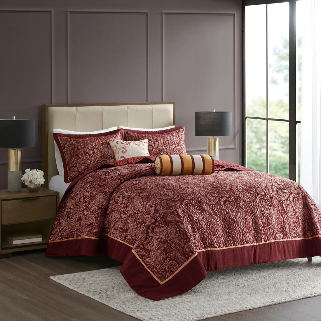 5 Piece Jacquard Bedspread Set With Throw Pillows Burdy Queen Queen Burgundy Cotton