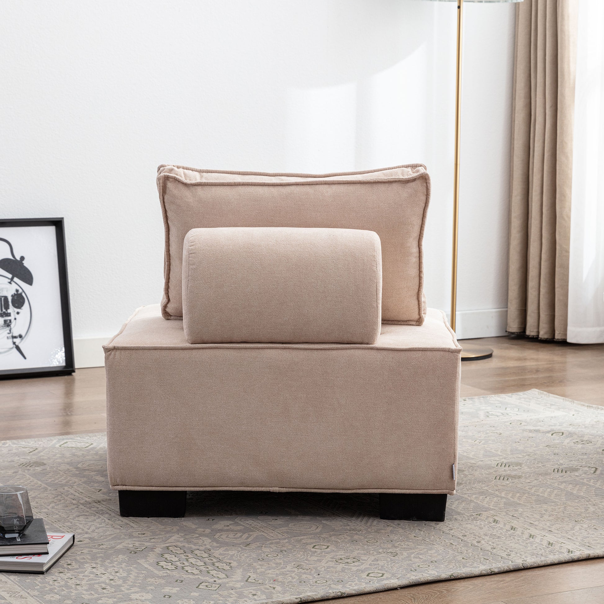 Coolmore Modern Upholstered Chair Leisure Sofa Lazy Sofa Plastic Legs And Pillow Removable Armless Accent Chair For Living Room,Bedroom,Office Beige Linen Beige Foam Linen