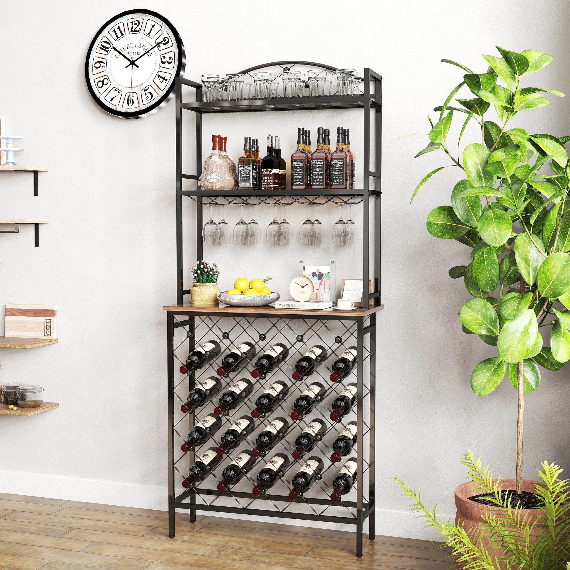 Industrial Wine Rack Bar Table, 3 Tier Liquor Bottle And Glass Holder With Storage Shelves, Metal And Wood Wine Organizer For Home Kitchen, Dining Room, And Living Room Black Brown Kitchen American