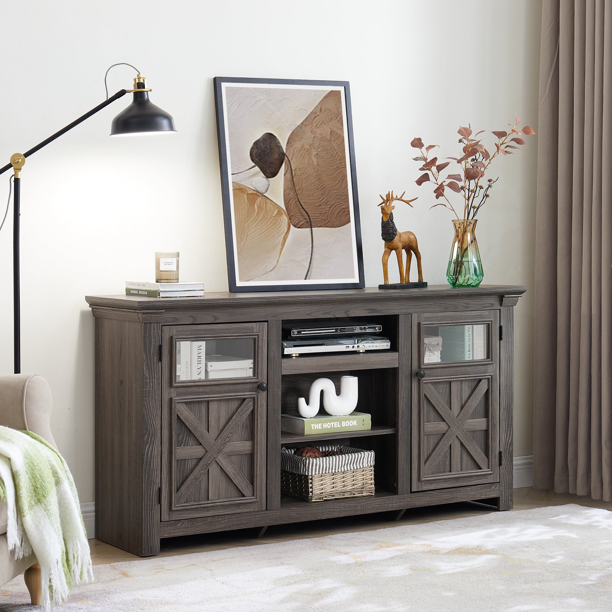 2 Doors Cabinet Farmhouse Cabinet, Farmhouse Tv Stand Barn Design,Modern Farmhouse Tv Media Stand, Large Barn Inspired Home Entertainment Console,Grey, 60.23"W*15.35"D*31.7"H Grey 60 69 Inches Mdf